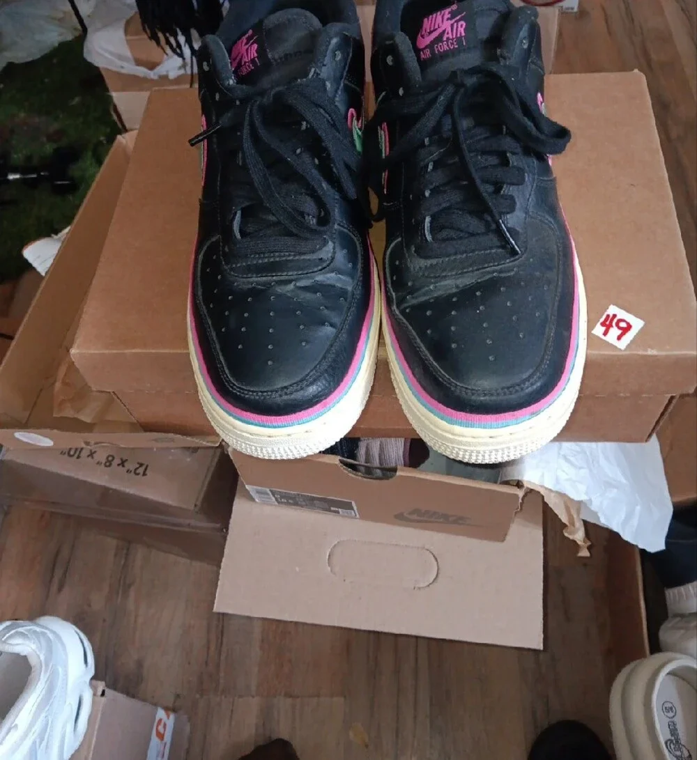 Nike AF1 NBA Colab, Black Leather Sneakers with Teal & Pink Swoosh